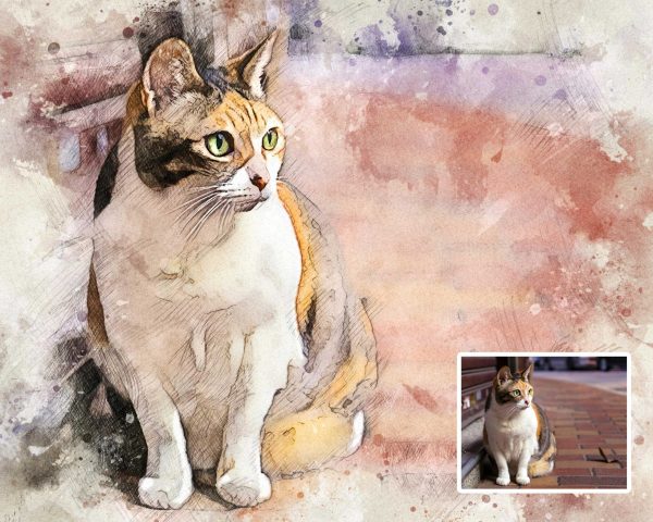 Cat Kitty Watercolor Portrait Digital Art from Photo